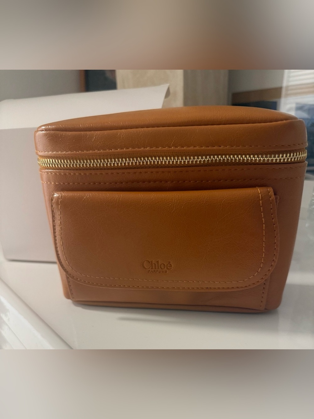 Chloé Cognac Leather Toiletry Case with Front Pocket